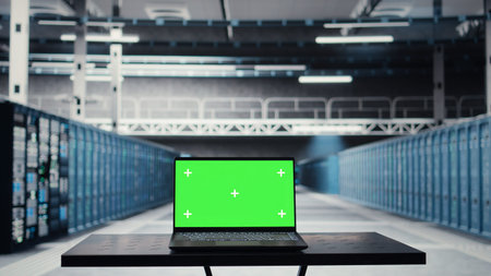 Green screen laptop in high tech data center facility with multiple rows of fully operational server...