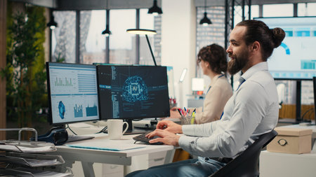 IT specialist uses AI neural networks for data sharing and digitalization, working in a...