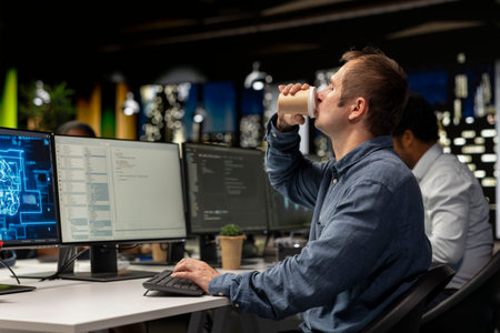 Programmer drinking coffee in startup office, coding advanced machine learning models enhancing...