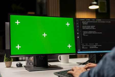 Engineer writing code on green screen PC, developing machine learning APIs. IT professional...