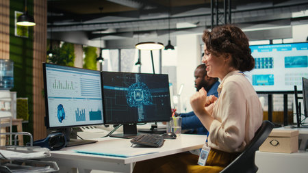 Cheerful businesswoman being proud of good infographics with AI tools, using artificial intelligence...