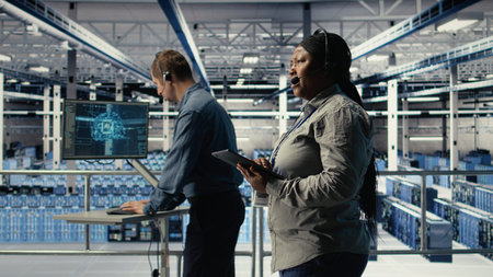 Server room tech support specialist guides clients through setting up secure company data backups....