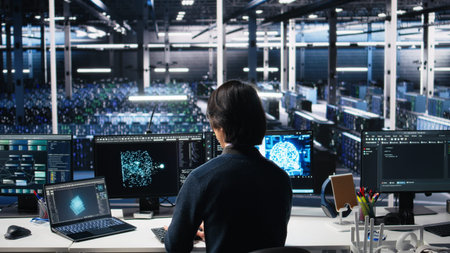 Data center system administrator managing AI systems for uptime and efficiency. IT employee using...