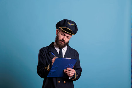 Airplane pilot holding clipboard, writing, concentrated aviator with documents. Aircraft captain in...