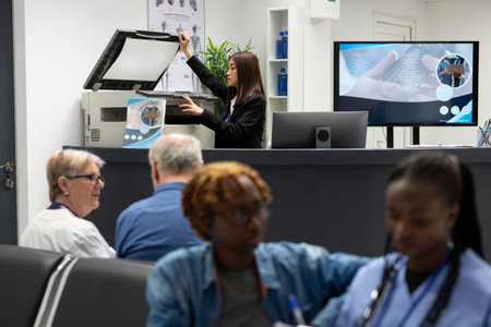 Asian administrator in hospital lobby scans and prints medical documents. Female healthcare worker...