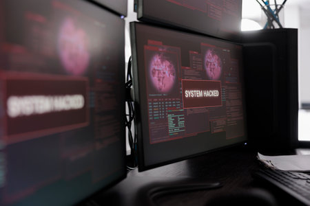 Hacked system alert message showing on multiple monitors flashing security breach error and cyber...