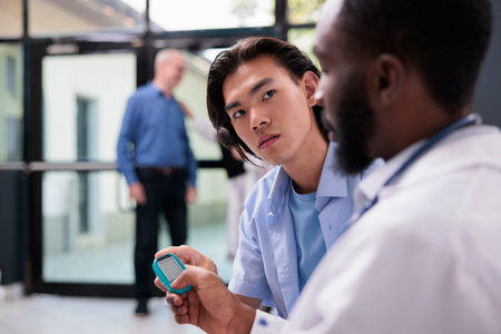 African american physician measuring insulin level and glucose in blood sample using glucometer...