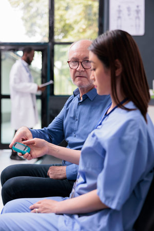 Asian medical asssistant consulting senior patient with glucometer during consultation, measuring...