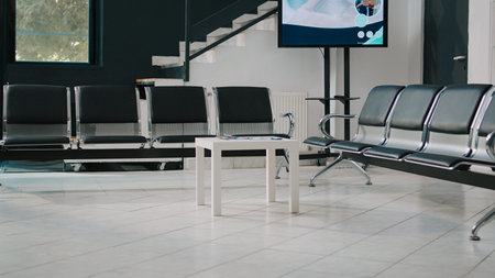 Empty facility waiting room with chairs to sit before attending checkup appointment. Medical clinic...