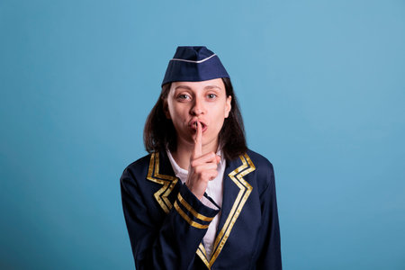 Flight attendant showing silent gesture, looking at camera with forefinger on lips. Stewardess...