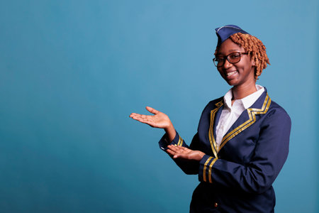 Carefree female flight attendant in uniform holding imaginary product in front of camera. African american stewardess showing an advertising space with arms raised in a studio shot with blue background.の写真素材
