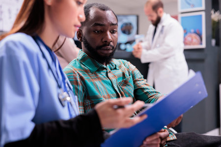 Close up of african american man reviewing medical records along with asian female member of in...