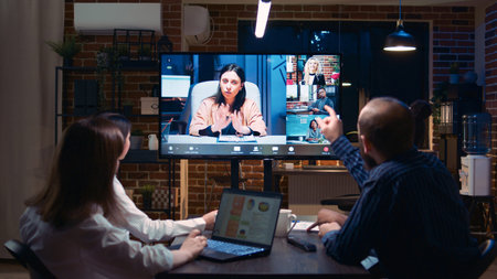 Business team online meeting, remote coworkers videocall discussion. Diverse people talking in...