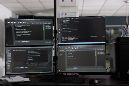 Computer monitors on desk compiling programming html data algorithms in empty software company....