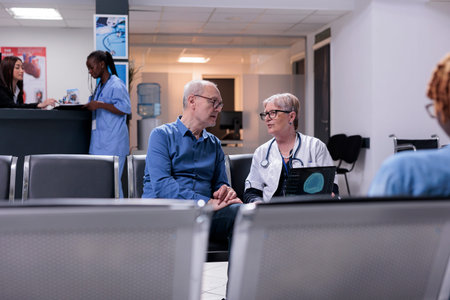Medic and old patient looking at brain scan on laptop, analyzing neural system on tomography in facility lobby. Physician explaining neurology diagnosis on computer to senior man in waiting room.の写真素材