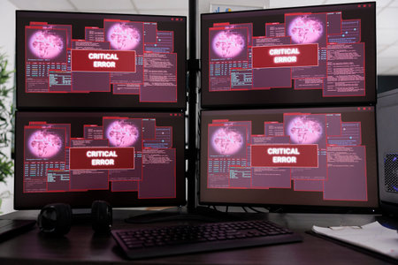 Empty it office with computers monitor having critical error message on screen, showing hacking...