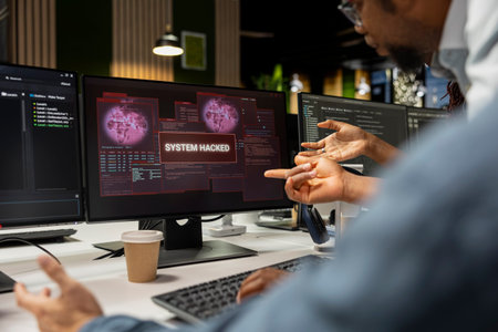 Close up of engineering team detecting and blocking hacker intrusion stealing sensitive data....