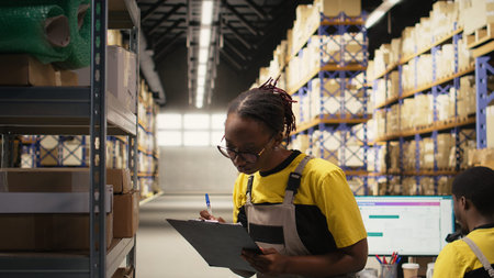 E-commerce female employee checking parcel details on clipboard, processing orders for shipment...