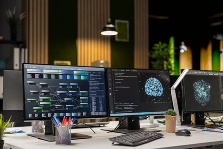 PC display on startup office desk showing machine learning programming languages written by...