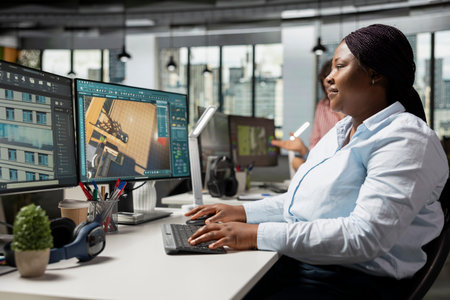 Architectural CAD software, interior design engineer, african american, female architect working...