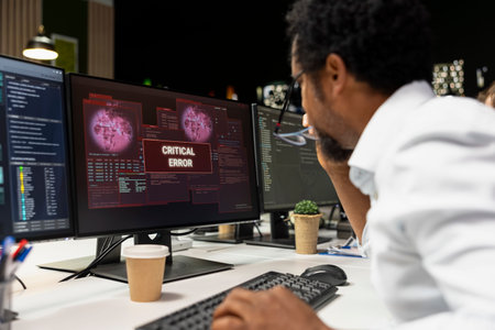 Technician at office desk thinking how to fix critical error warning displayed on PC monitor....