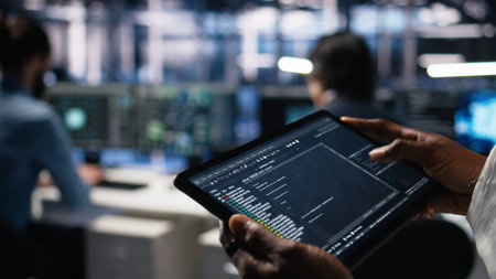 Close up of data center software developer using tablet to review code for automation scripts....