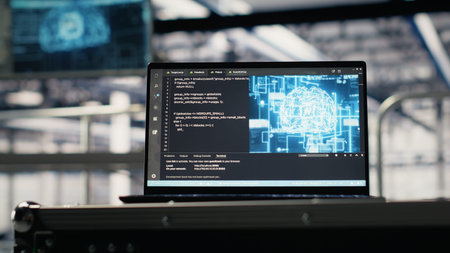 Artificial intelligence technology on notebook in industrial data center facility helping power...
