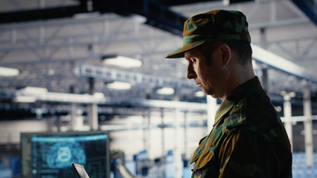 Army software developer in server hub uses artificial intelligence app on laptop to review...