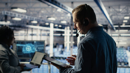 Data center admin talking in audio headset mic, helping clients resolve website hosting problems....