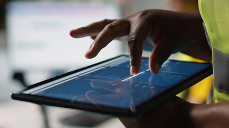 Close up of black woman monitoring e-commerce activity on tablet, preparing orders before shipment in industrial warehouse space. Employee managing the storehouse merchandise. Camera A.の写真素材