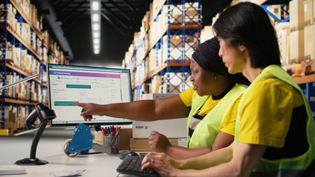 African american and asian workers reviewing shipment route and details for the real time parcel...