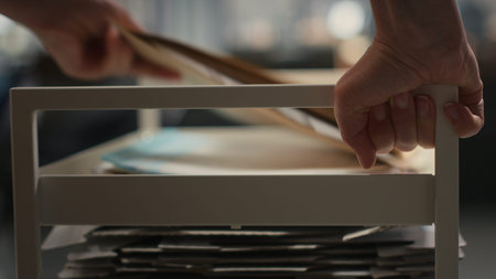 Close up of woman workplace support moves a trolley cart with folders and records, helping business...