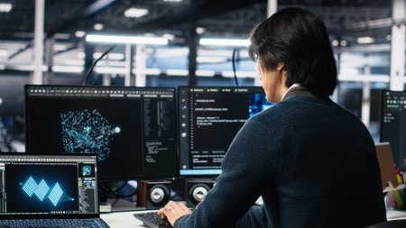 Admin entering data center office, reviews AI diagnostics on computer. IT expert starting work at...