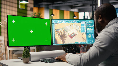 Black property developer analyzing infrastructure layout with copy space, preparing site development...