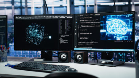 Monitors in data center displaying AI tech software interface monitoring infrastructure health....