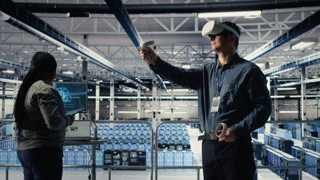 Data center employee check AI dashboard using VR headset during systems review. Server hub worker...