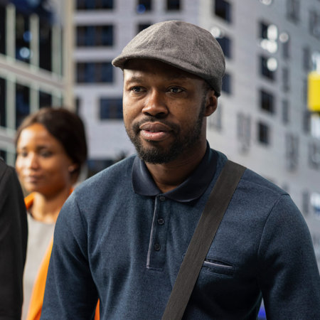 Street portrait of a black male adult walking through the city center surrounded by pedestrians,...