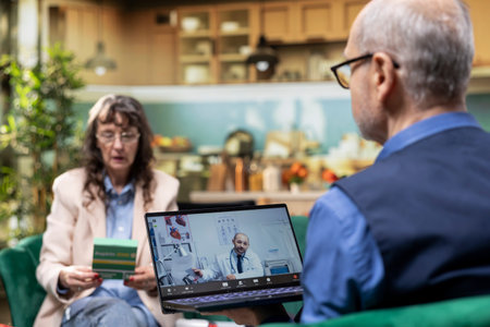 Aged couple on video call with medic discussing diagnosis and medicine, telehealth consultation...