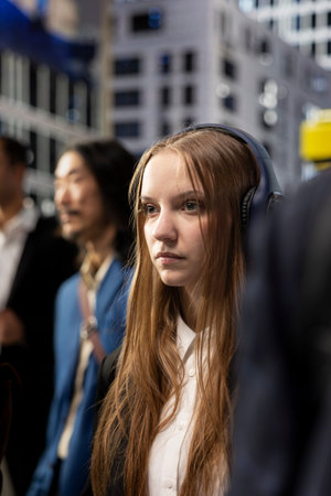 Young girl from gen z walking the streets with headphones for music, stylish trendy college student waiting at a red light. Pedestrians of different ages on a busy avenue downtown.の写真素材