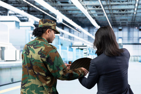 Semiconductor substrates supply chain, national security and army man with microchip plant manager....