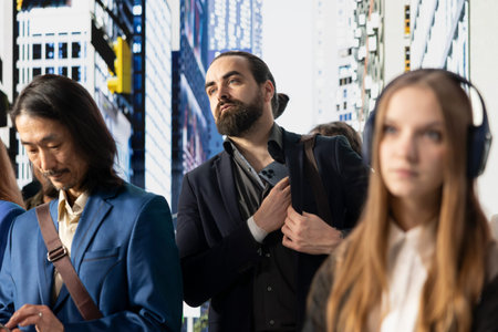 Diverse people of different ages walking across busy avenue in a vibrant street scene, showing the multicultural motion of real city life and community. Modern metropolis with pedestrians.の写真素材