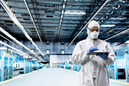Designing silicon wafers, microchip factory and PCB systems architect walking. Inspecting...