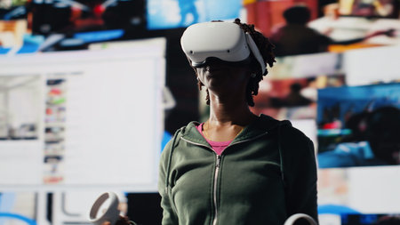 Woman using virtual reality tech to get access to video recommendations delivered instantly. User...