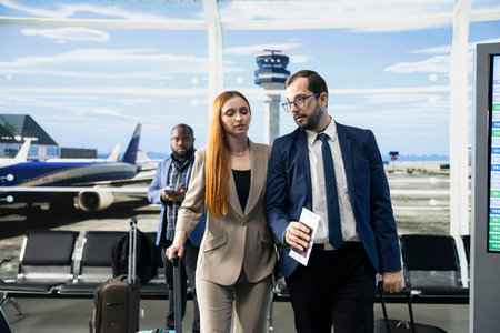 CEO and executive assistant approaching boarding gate in airport lounge, preparing for international flight. Two business travelers with baggage and boarding passes ready, leadership collaboration.の写真素材
