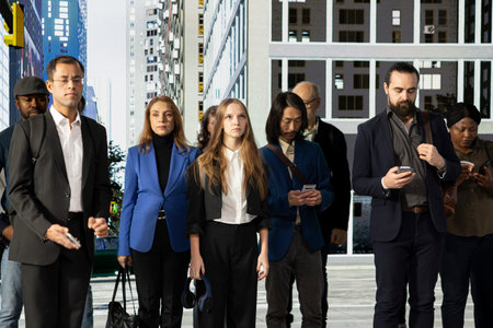 People of different ages walking across intersection in a vibrant street scene, showing the multicultural motion of real city life and community. Modern metropolis with pedestrians.の写真素材