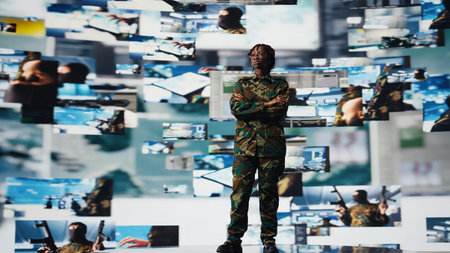 Soldier in command post providing combat support, watching reconnaissance feeds. African american intelligence agency expert looking at battlefield communication network videowall, camera Aの写真素材