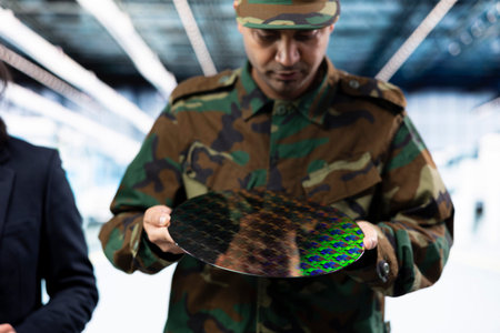 Manufacturing semiconductors, chip war and military intelligence officer with manager. Brainstorming, silicon wafers and industrial plant director with soldier upgrading defense equipment