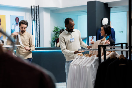 Clothing store african american worker helping asian woman to choose garment while exploring apparel rack. Boutique employee providing client support and assistance in selecting trendy outfit
