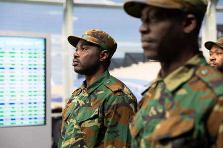 Military squad standing together inside busy airport lounge, returning from combat duty. African american army personnel enduring long flight layover before troop deployment, close up shot