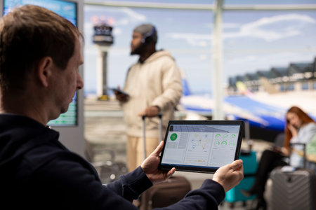 Man digital nomad engineer working on photovoltaic system in airport, using phone to review solar panels and renewable energy technology data while waiting for flight departure. Work anywhere.